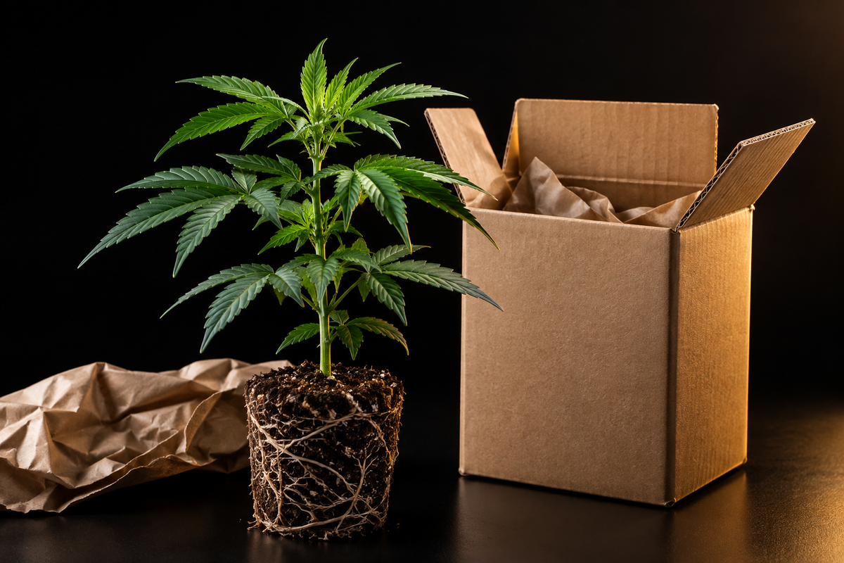 Rooted cannabis clone beside an open cardboard delivery box and packing paper