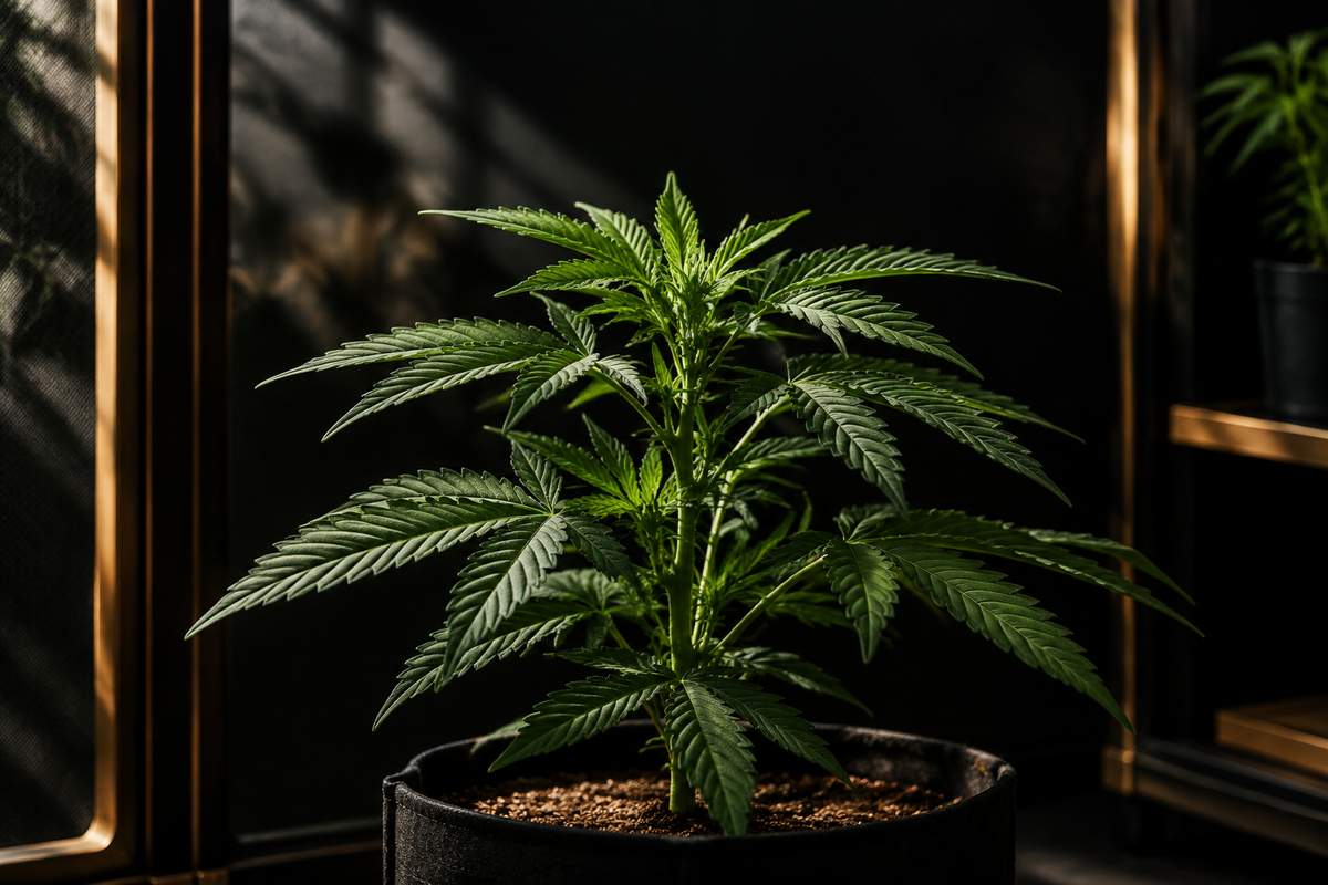 Young cannabis plant in a black pot beside a window, lit from one side with shadows behind it