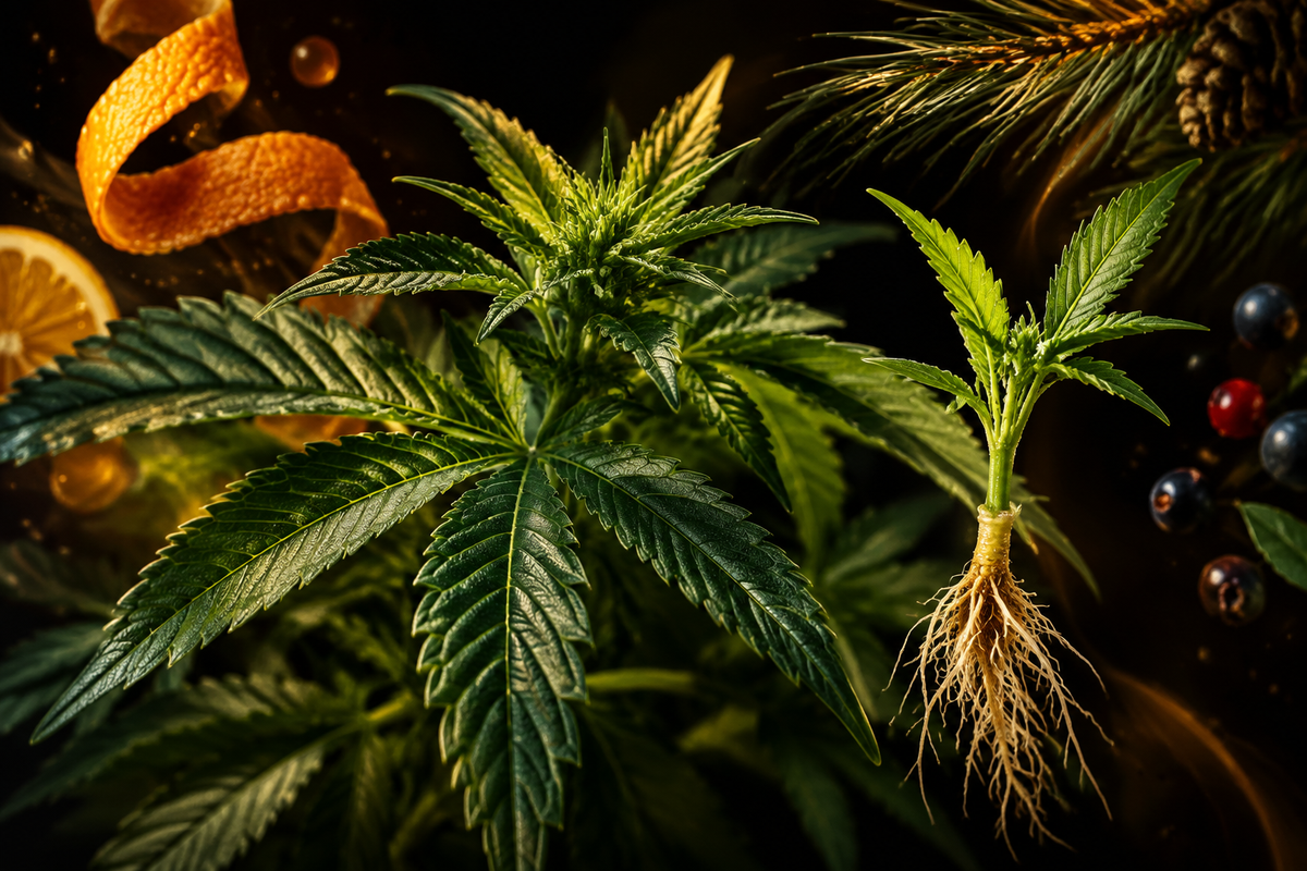 Illustration of a leafy cannabis plant and rooted cutting surrounded by citrus peel, berries and pine branches