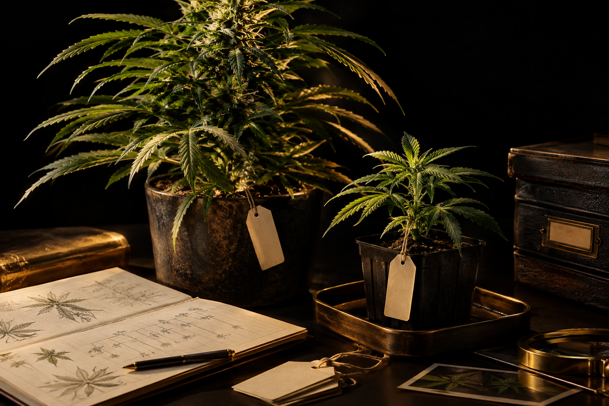 Small potted cannabis plant beside a larger plant, handwritten botanical notes and a magnifying glass