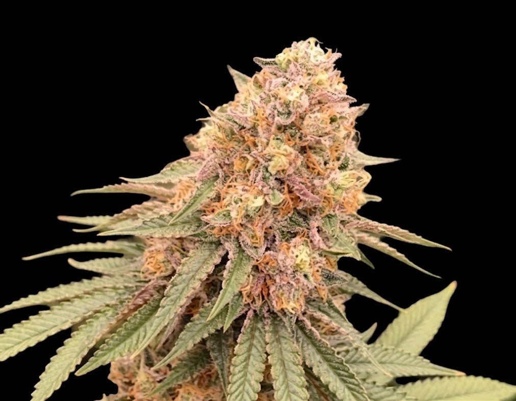 Sunset Sherbet mature plant reference image showing resin-coated flowers with green and purple tones. CloneBuzzz Genetics supplies young rooted clones, not the mature plant shown.

